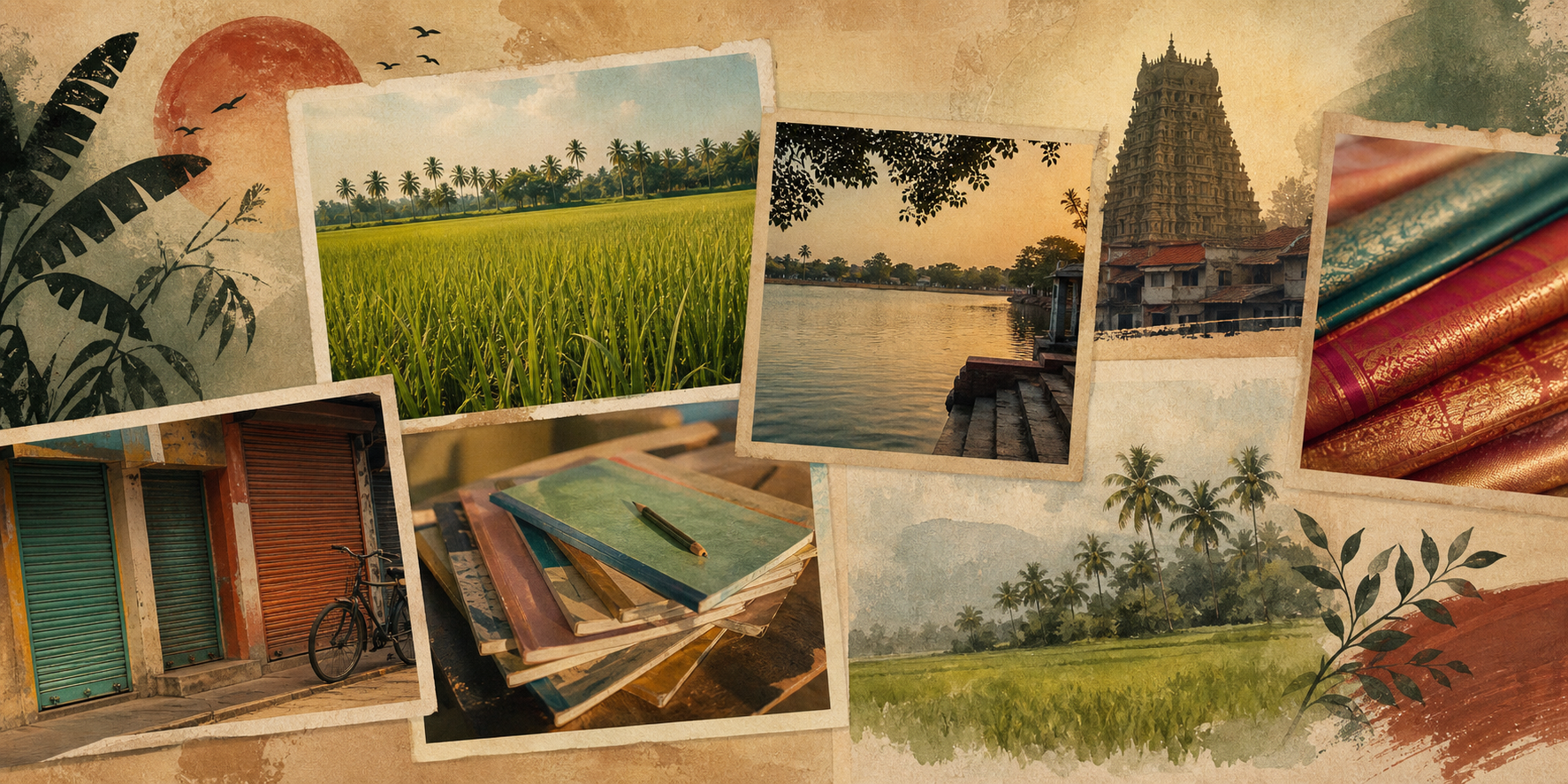 Archive-style collage suggesting lakes, fields, a temple silhouette, shopfronts and old photo frames