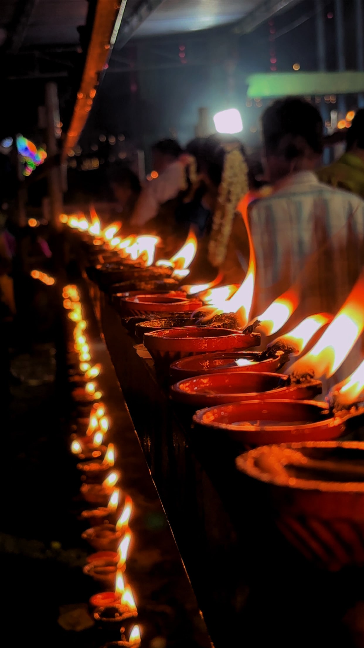 Rows of oil lamps lit during the Laksha Deepam festival